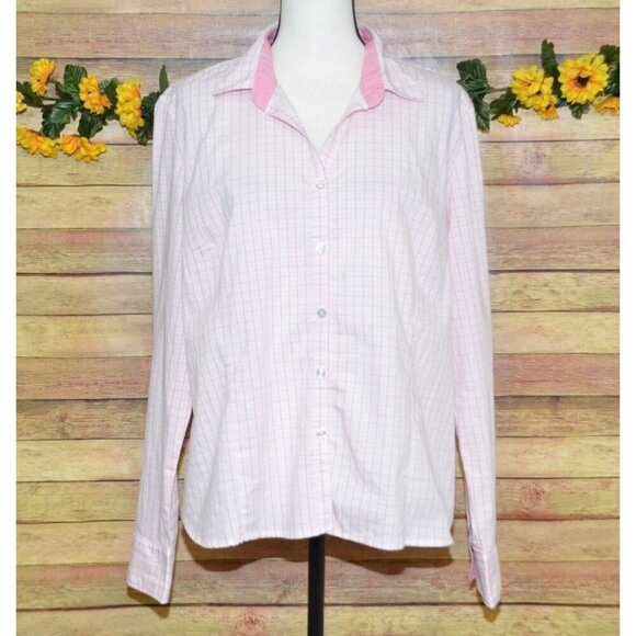 George Ladies XL 16-18 Pink Plaid Button Up Long Sleeve Blouse Top Contrast Cuff - Picture 8 of 10